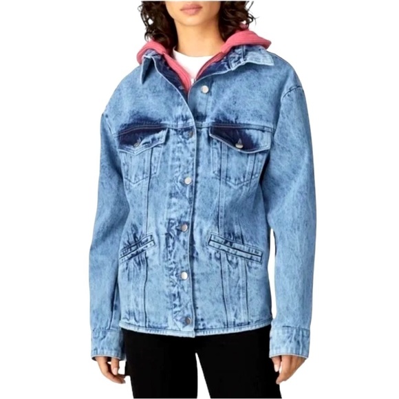 Samantha Sipos Zinna Denim Trucker Jean Jacket Knit Hood. Acid Wash Blue XS #901 - Picture 1 of 6